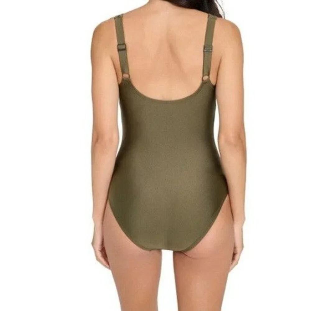 DKNY Shirred Keyhole Detail One-Piece Swimsuit Green Moss Shimmer XXL NWT - Picture 2 of 4